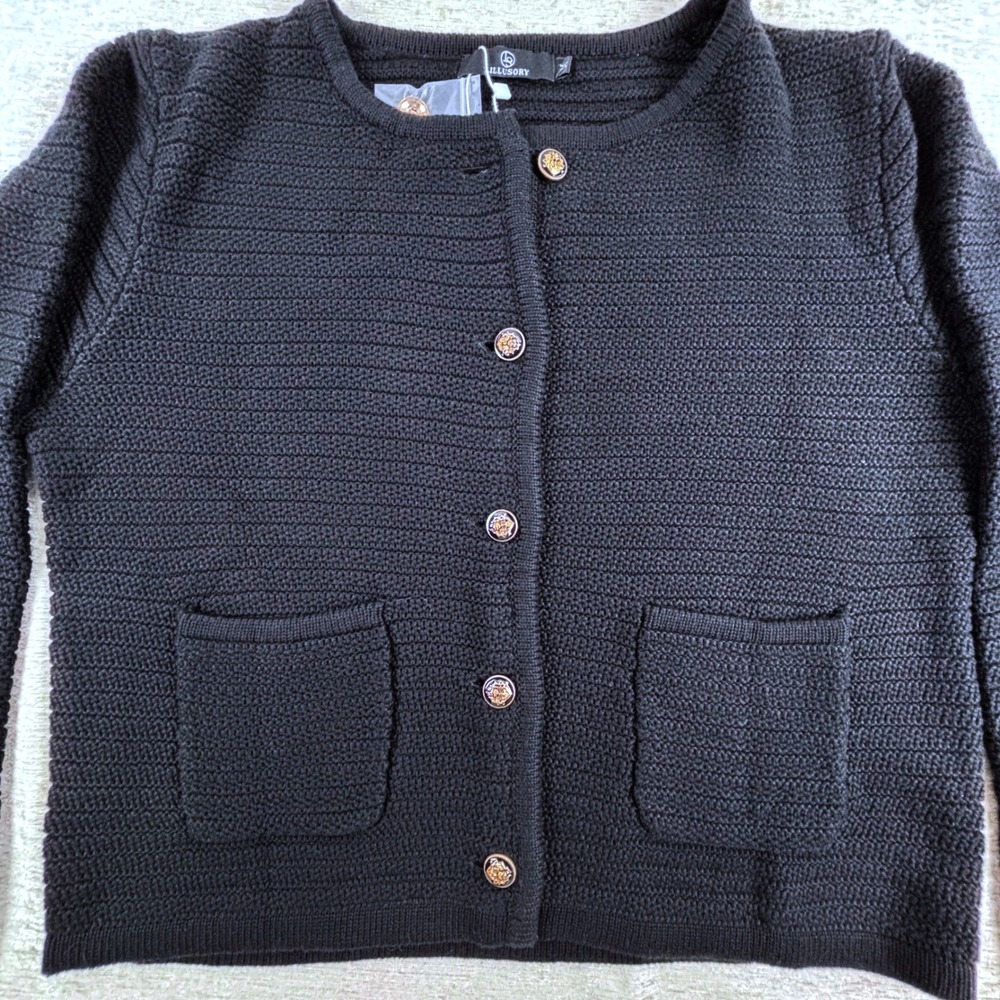 NWT Lillusory Cable Knit Cardigan Gold Black Crest Buttons Pockets Sz M